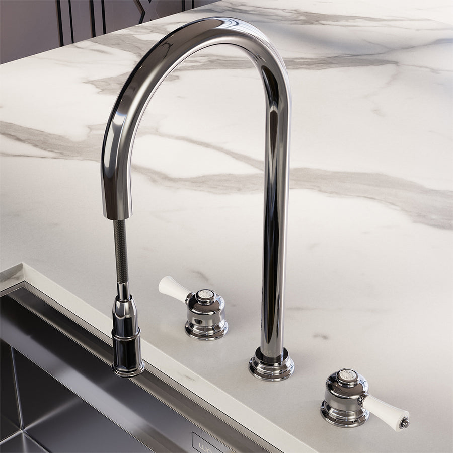 Knightsbridge Deck Mount Traditional 4 in 1 Pull Out Chrome White Handle Boiling Hot Water Tap