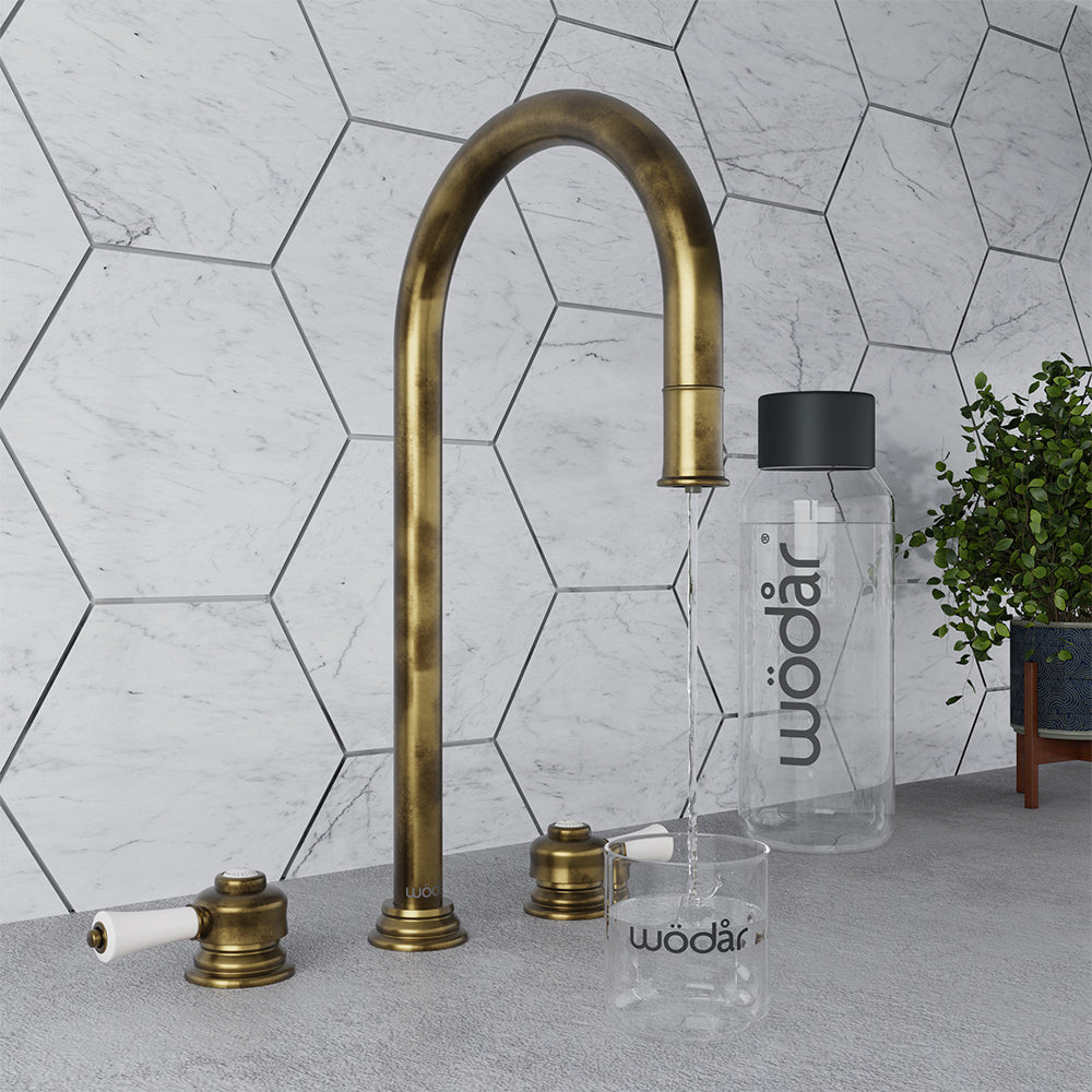 Knightsbridge Deck Mount Traditional 4 in 1 Pull Out Aged Brass White Handle Boiling Hot Water Tap