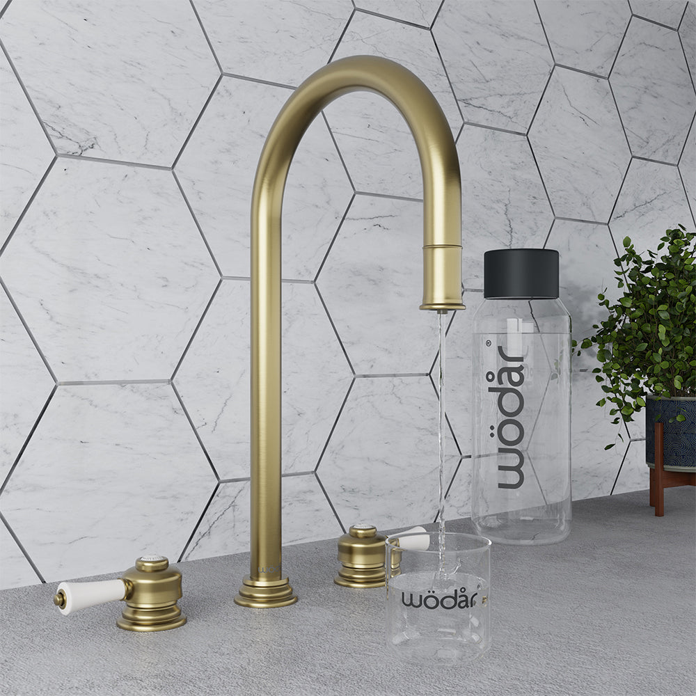 Knightsbridge Deck Mount Traditional 4 in 1 Pull Out Brushed Brass White Handle Boiling Hot Water Tap
