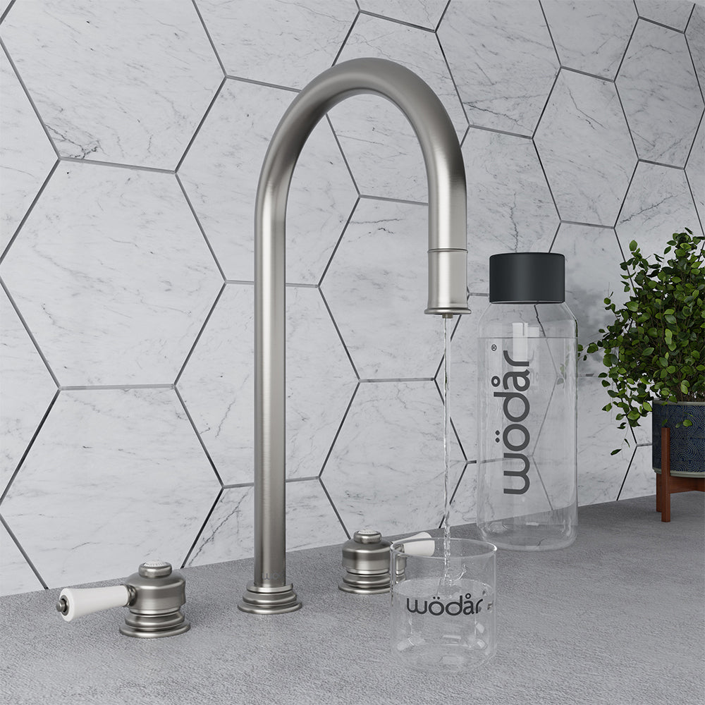 Knightsbridge Deck Mount Traditional 4 in 1 Pull Out Brushed Nickel White Handle Boiling Hot Water Tap