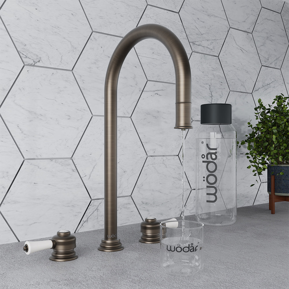 Knightsbridge Deck Mount Traditional 4 in 1 Pull Out Dark Brass White Handle Boiling Hot Water Tap