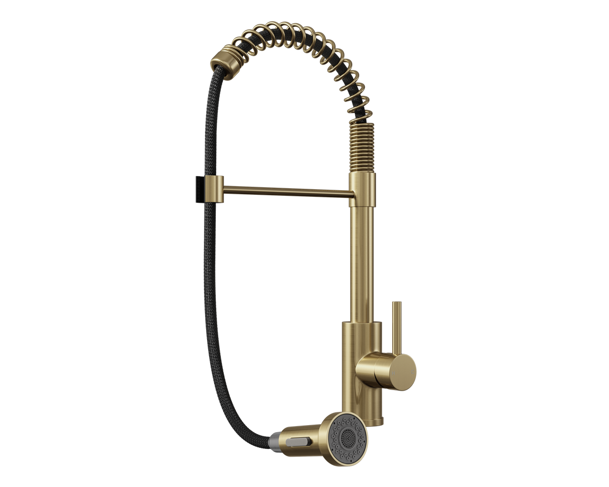 Wodar Pro Spring Pull Out Kitchen Sink Mixer Brushed Brass