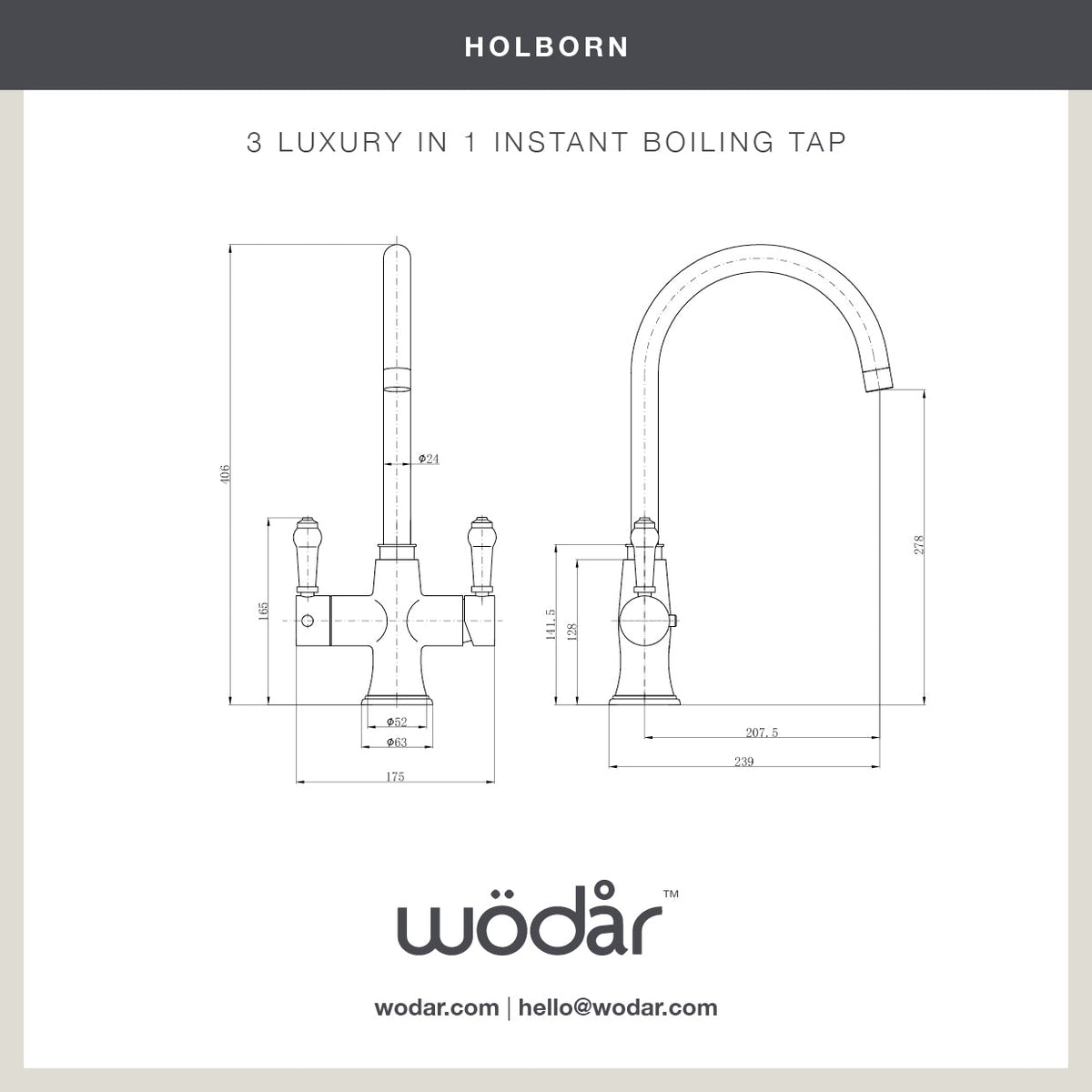 Holborn Traditional 3 in 1 Brushed Brass Black Handle Boiling Hot Water Tap