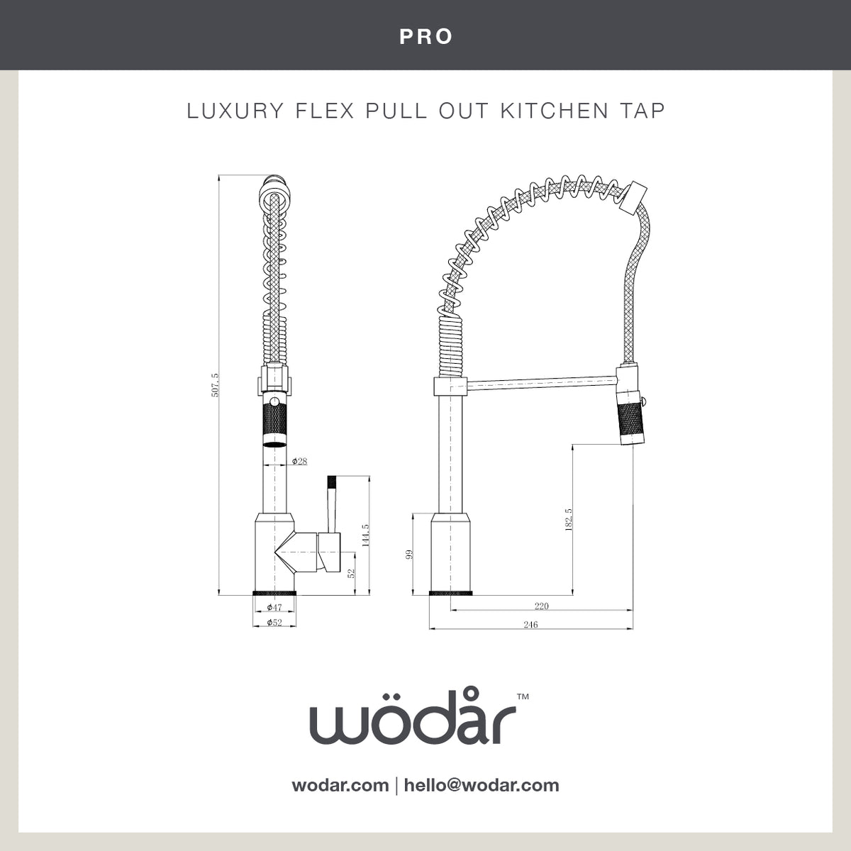 Wodar pro pull flex hose kitchen sink mixer brushed brass