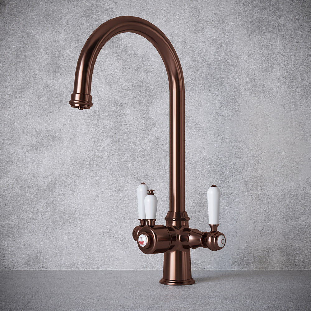 Heritage Cruciform 3 in 1 Brushed Copper White Handle Boiling Hot Water Tap
