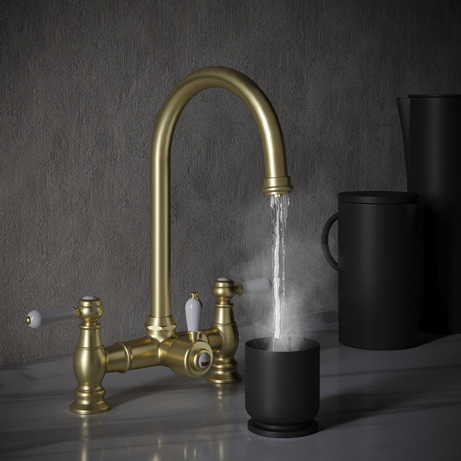 Heritage Bridge 3 in 1 Brushed Brass White Handle Boiling Hot Water Tap