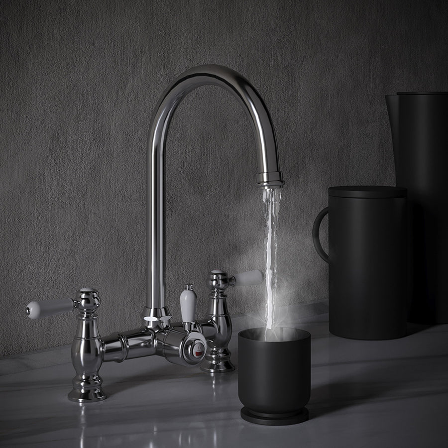 Heritage Bridge 3 in 1 Chrome White Handle Boiling Hot Water Tap