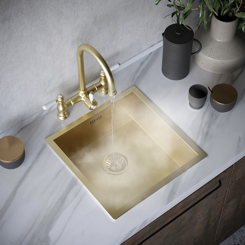 Heritage Bridge 3 in 1 Brushed Brass White Handle Boiling Hot Water Tap