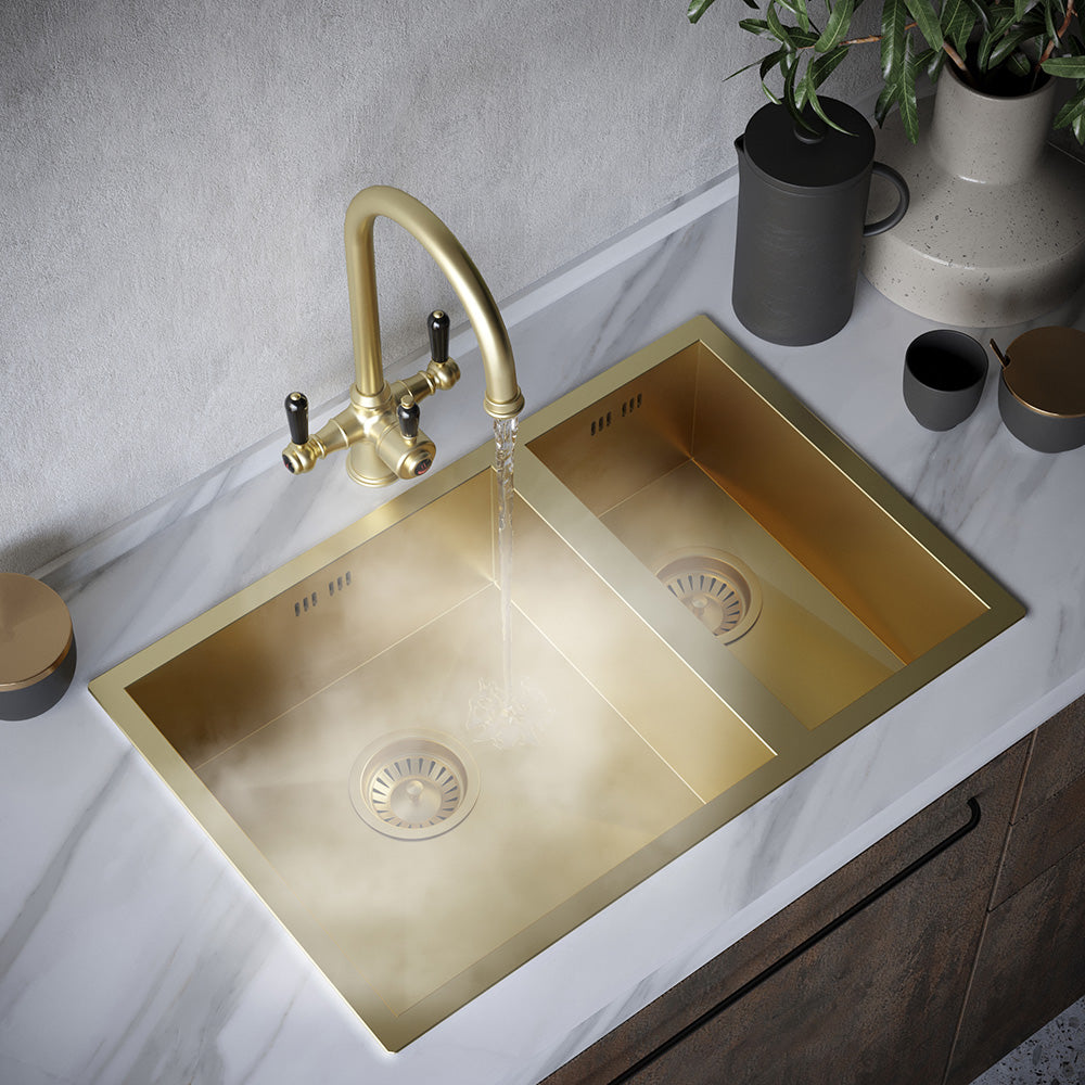 Heritage Cruciform 3 in 1 Brushed Brass Black Handle Boiling Hot Water Tap
