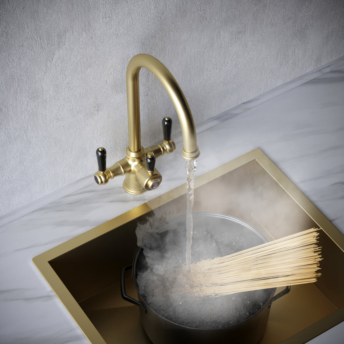 Heritage Cruciform 3 in 1 Brushed Brass Black Handle Boiling Hot Water Tap