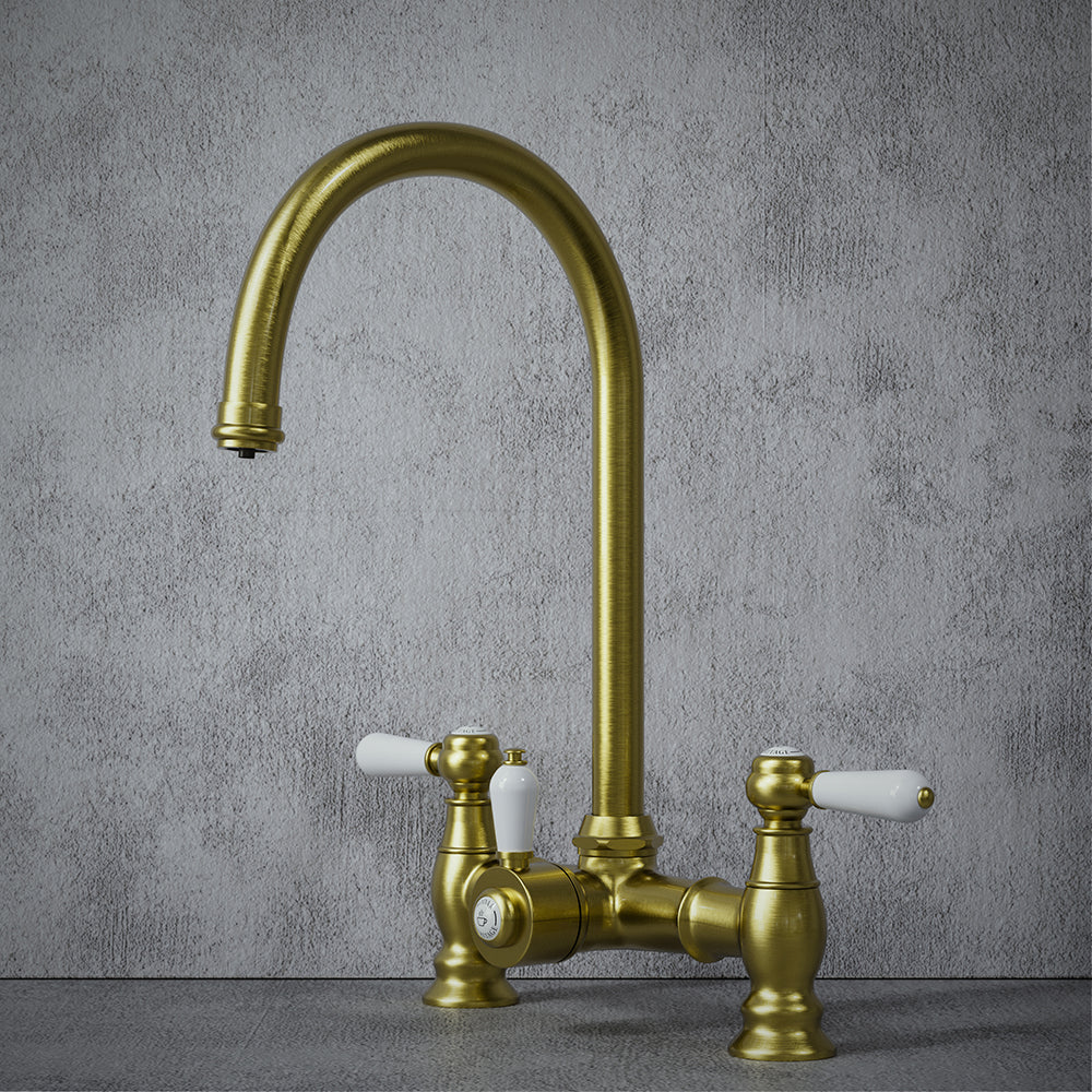Heritage Bridge 3 in 1 Brushed Brass White Handle Boiling Hot Water Tap