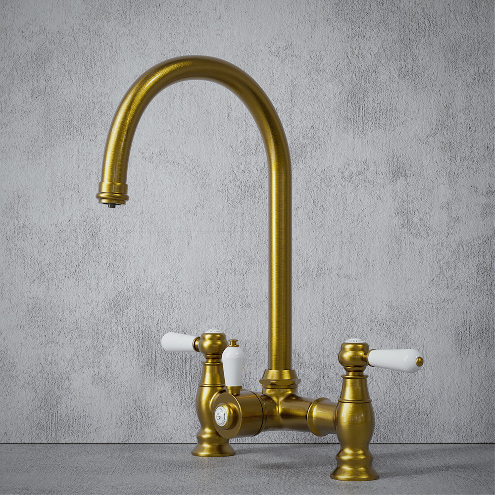 Heritage Bridge 3 in 1 Brushed Gold White Handle Boiling Hot Water Tap