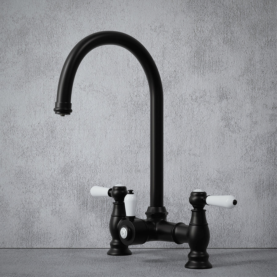 Heritage Bridge 3 in 1 Matt Black White Handle Boiling Hot Water Tap