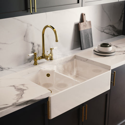 Heritage Bridge 3 in 1 Brushed Gold White Handle Boiling Hot Water Tap