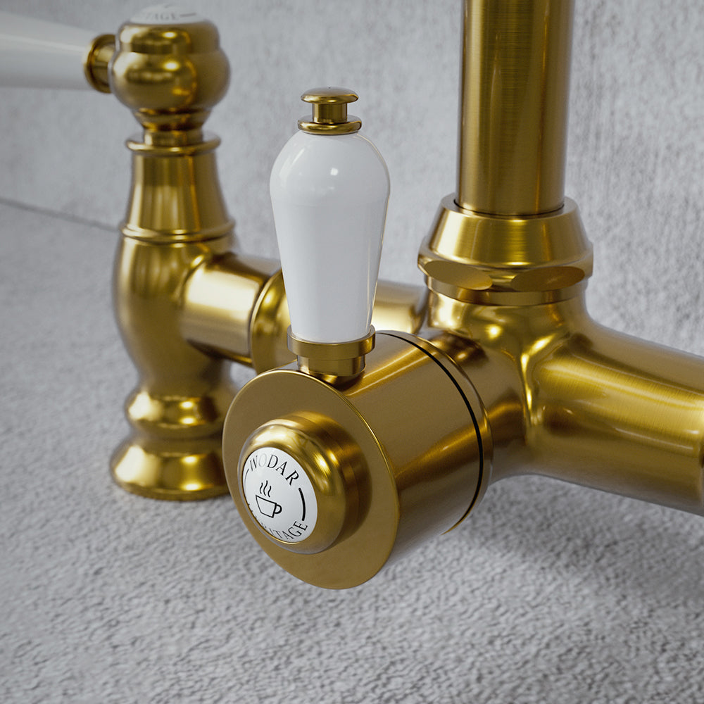 Heritage Bridge 3 in 1 Brushed Gold White Handle Boiling Hot Water Tap