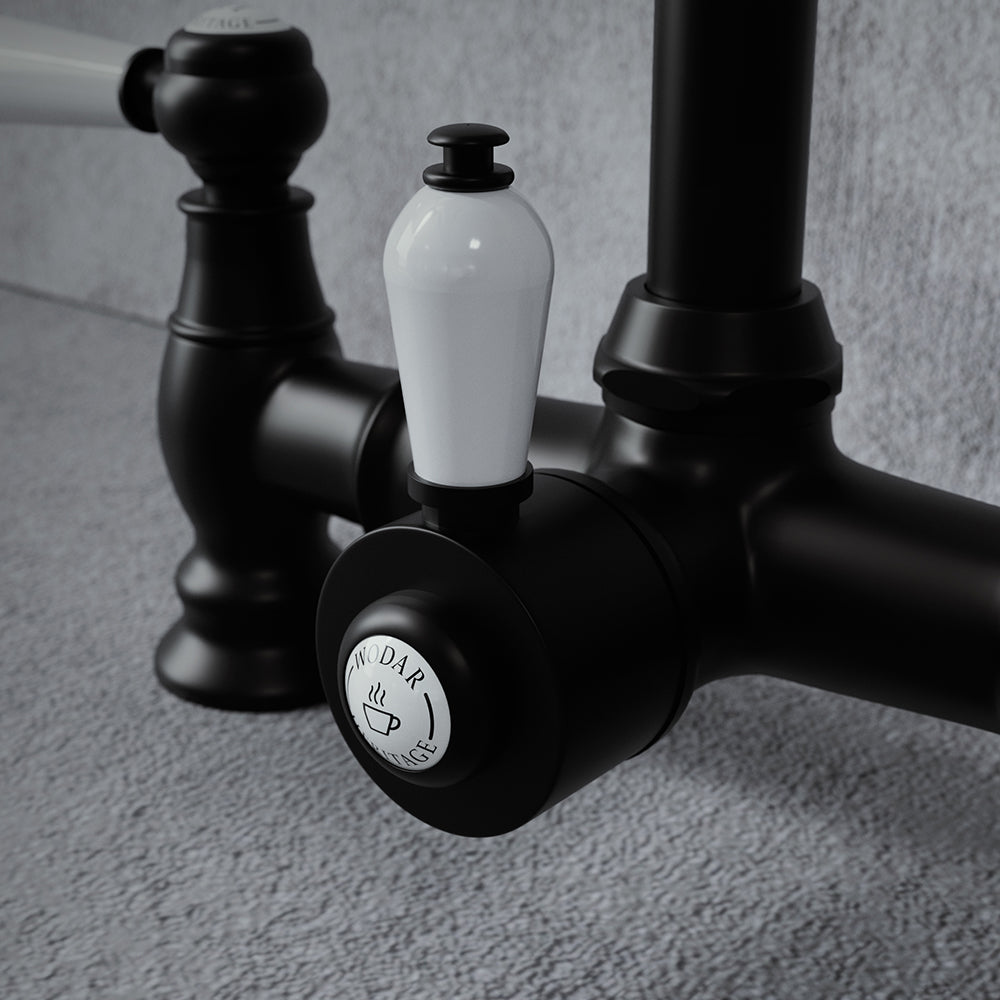 Heritage Bridge 3 in 1 Matt Black White Handle Boiling Hot Water Tap