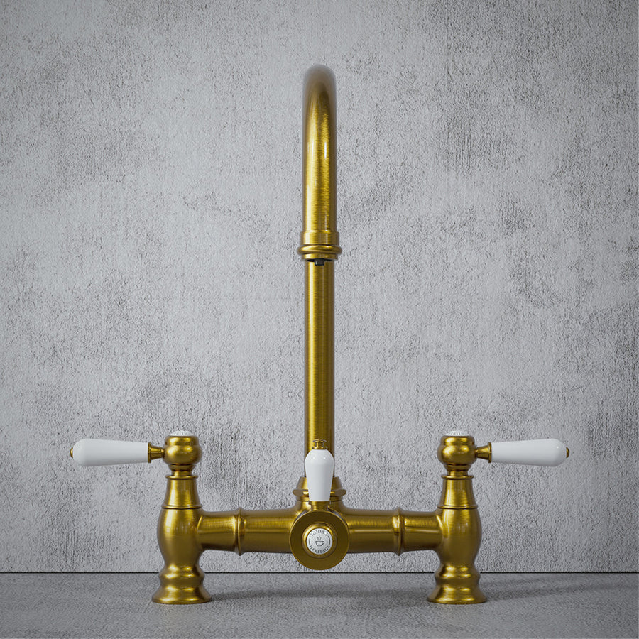 Heritage Bridge 3 in 1 Brushed Gold White Handle Boiling Hot Water Tap