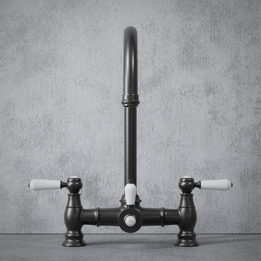 Heritage Bridge 3 in 1 Gunmetal Grey White Handle Boiling Hot Water Tap