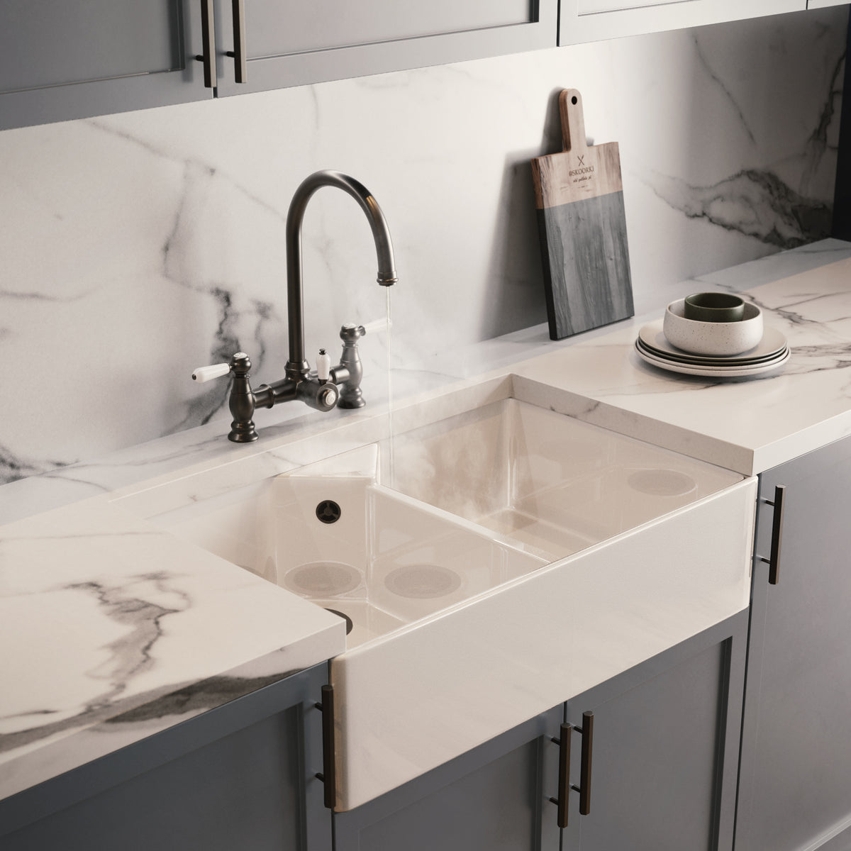 Heritage Bridge 3 in 1 Gunmetal Grey White Handle Boiling Hot Water Tap