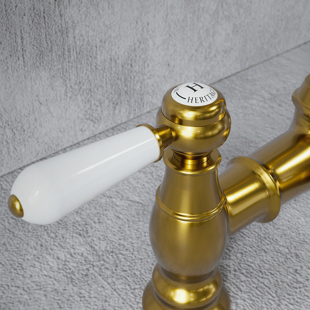 Heritage Cruciform 3 in 1 Brushed Gold White Handle Boiling Hot Water Tap