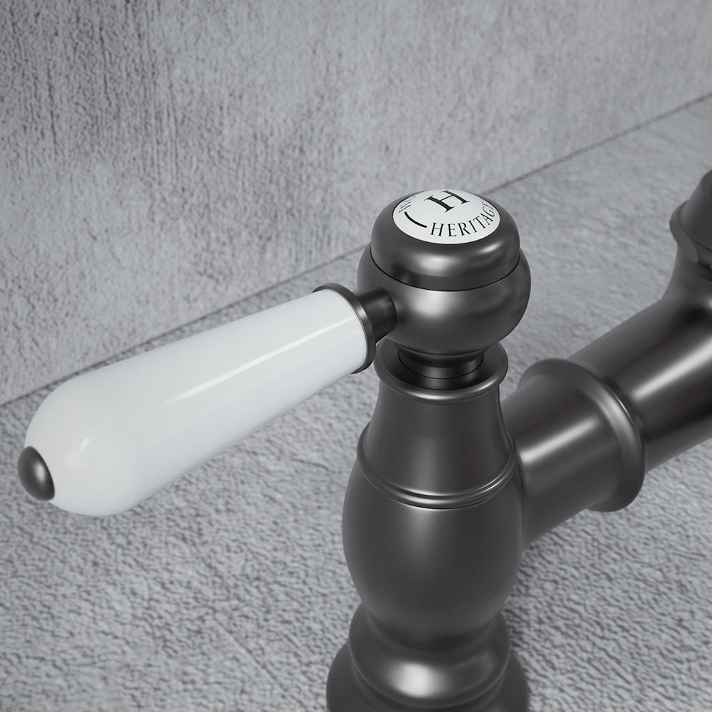 Heritage Bridge 3 in 1 Gunmetal Grey White Handle Boiling Hot Water Tap