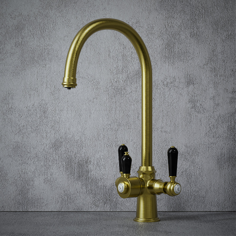 Heritage Cruciform 3 in 1 Brushed Brass Black Handle Boiling Hot Water Tap