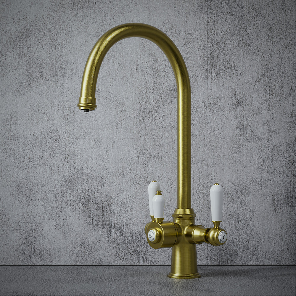 Heritage Cruciform 3 in 1 Brushed Brass White Handle Boiling Hot Water Tap
