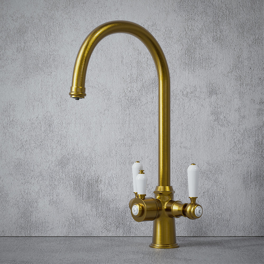 Heritage Cruciform 3 in 1 Brushed Gold White Handle Boiling Hot Water Tap