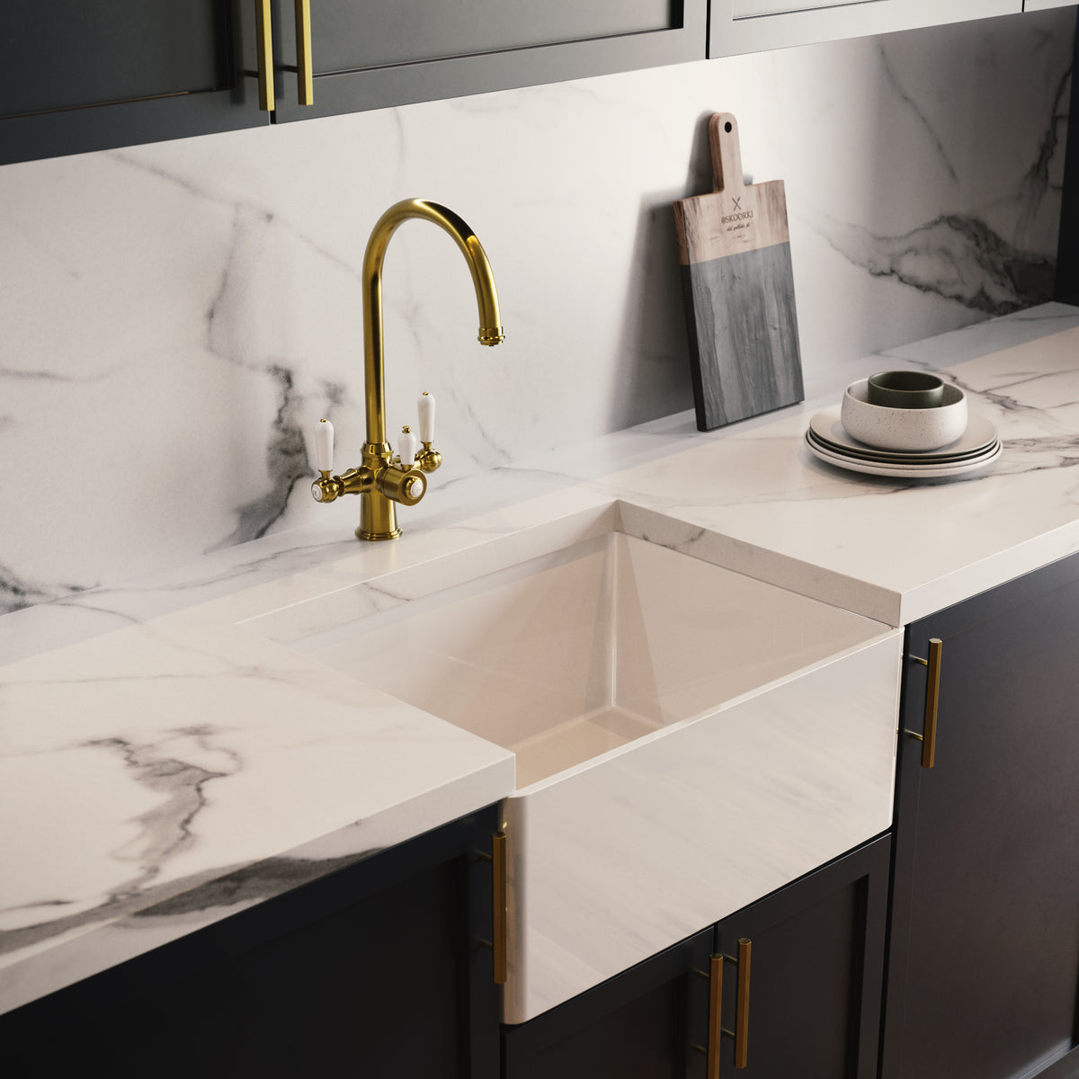 Heritage Cruciform 3 in 1 Brushed Brass White Handle Boiling Hot Water Tap