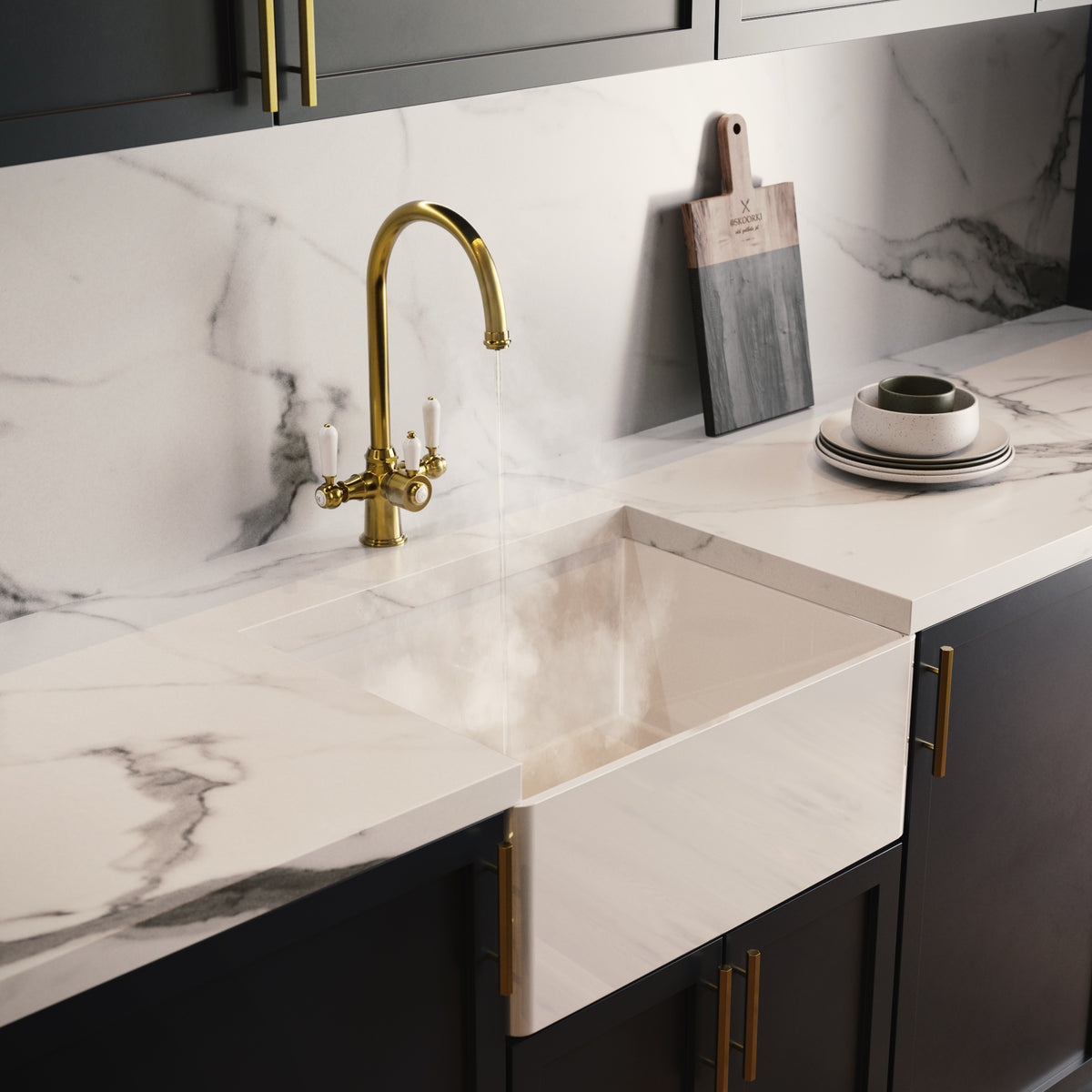 Heritage Cruciform 3 in 1 Brushed Gold White Handle Boiling Hot Water Tap
