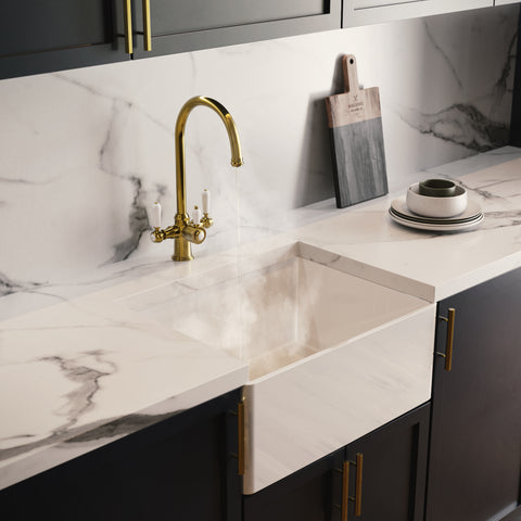 Heritage Cruciform 3 in 1 Brushed Gold White Handle Boiling Hot Water Tap