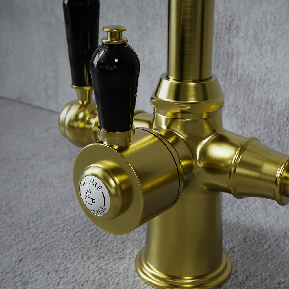 Heritage Cruciform 3 in 1 Brushed Brass Black Handle Boiling Hot Water Tap