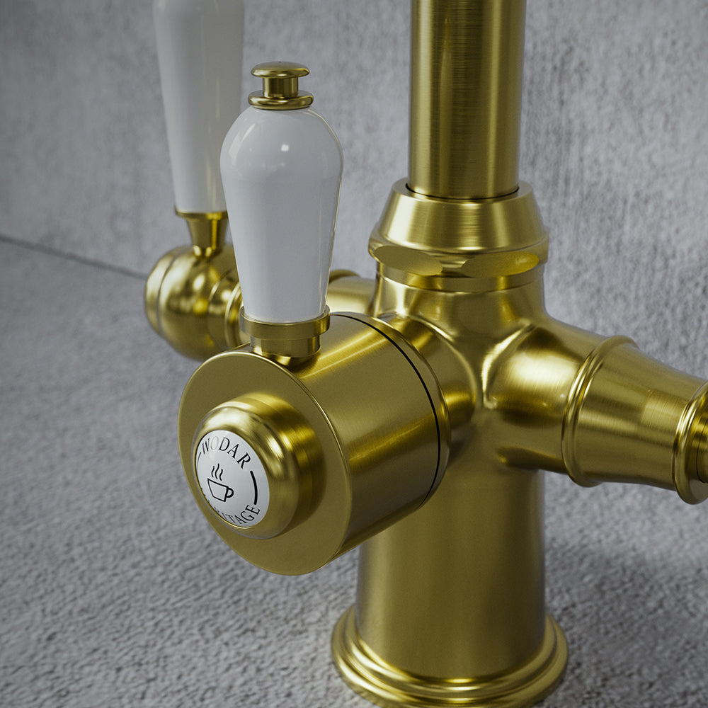 Heritage Cruciform 3 in 1 Brushed Brass White Handle Boiling Hot Water Tap