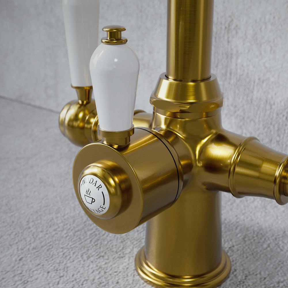 Heritage Cruciform 3 in 1 Brushed Gold White Handle Boiling Hot Water Tap