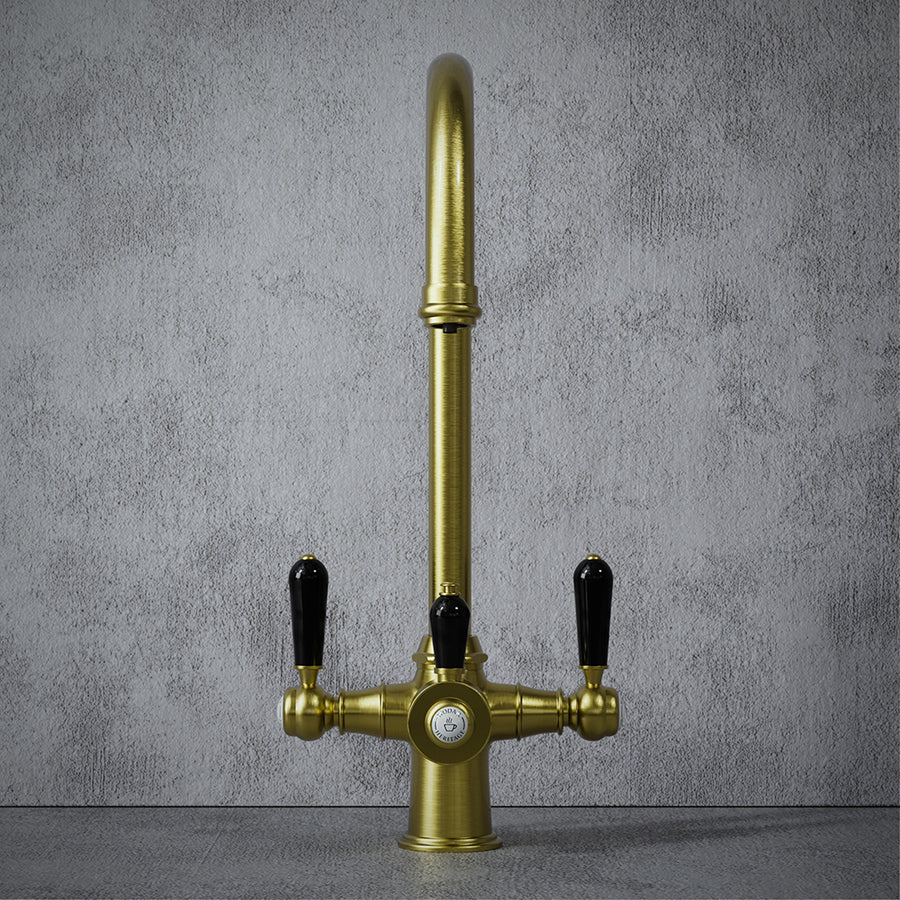 Heritage Cruciform 3 in 1 Brushed Brass Black Handle Boiling Hot Water Tap