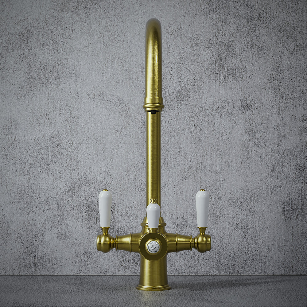Heritage Cruciform 3 in 1 Brushed Brass White Handle Boiling Hot Water Tap