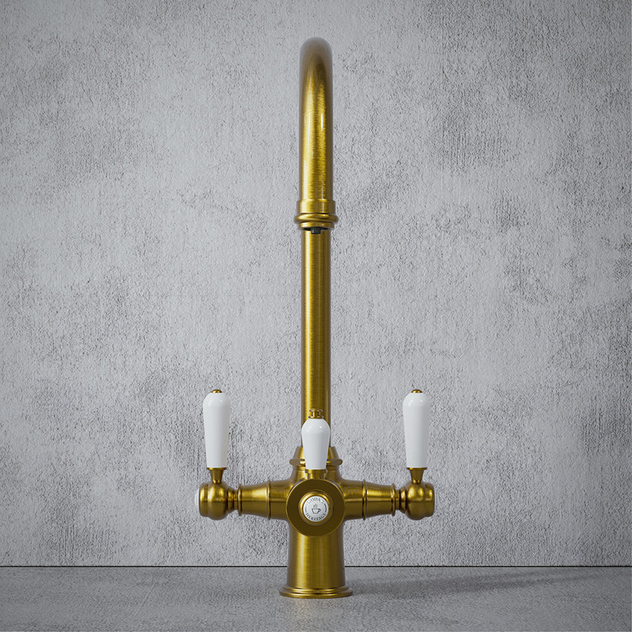 Heritage Cruciform 3 in 1 Brushed Gold White Handle Boiling Hot Water Tap