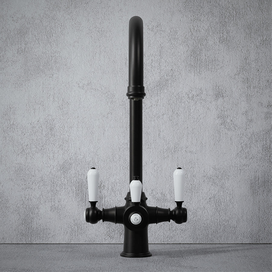 Heritage Cruciform 3 in 1 Matt Black White Handle Boiling Hot Water Tap