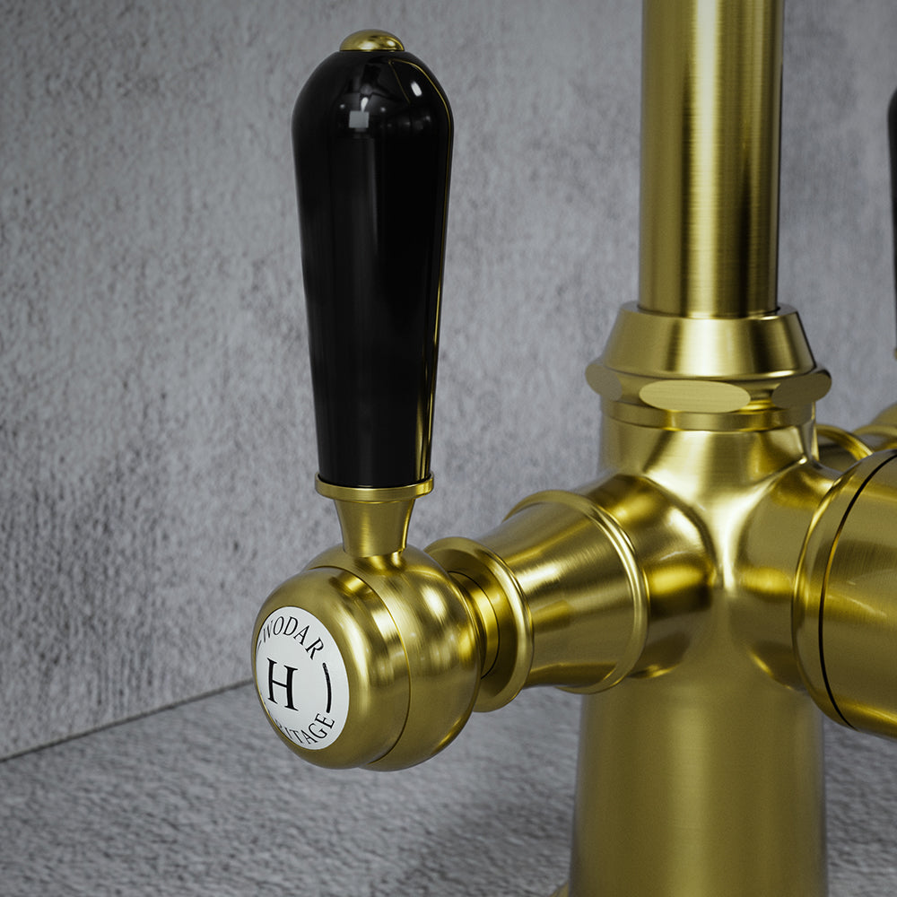 Heritage Cruciform 3 in 1 Brushed Brass Black Handle Boiling Hot Water Tap