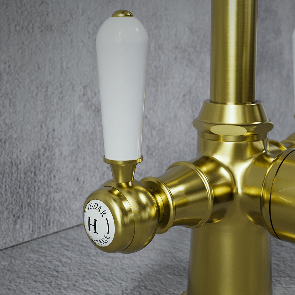 Heritage Cruciform 3 in 1 Brushed Brass White Handle Boiling Hot Water Tap