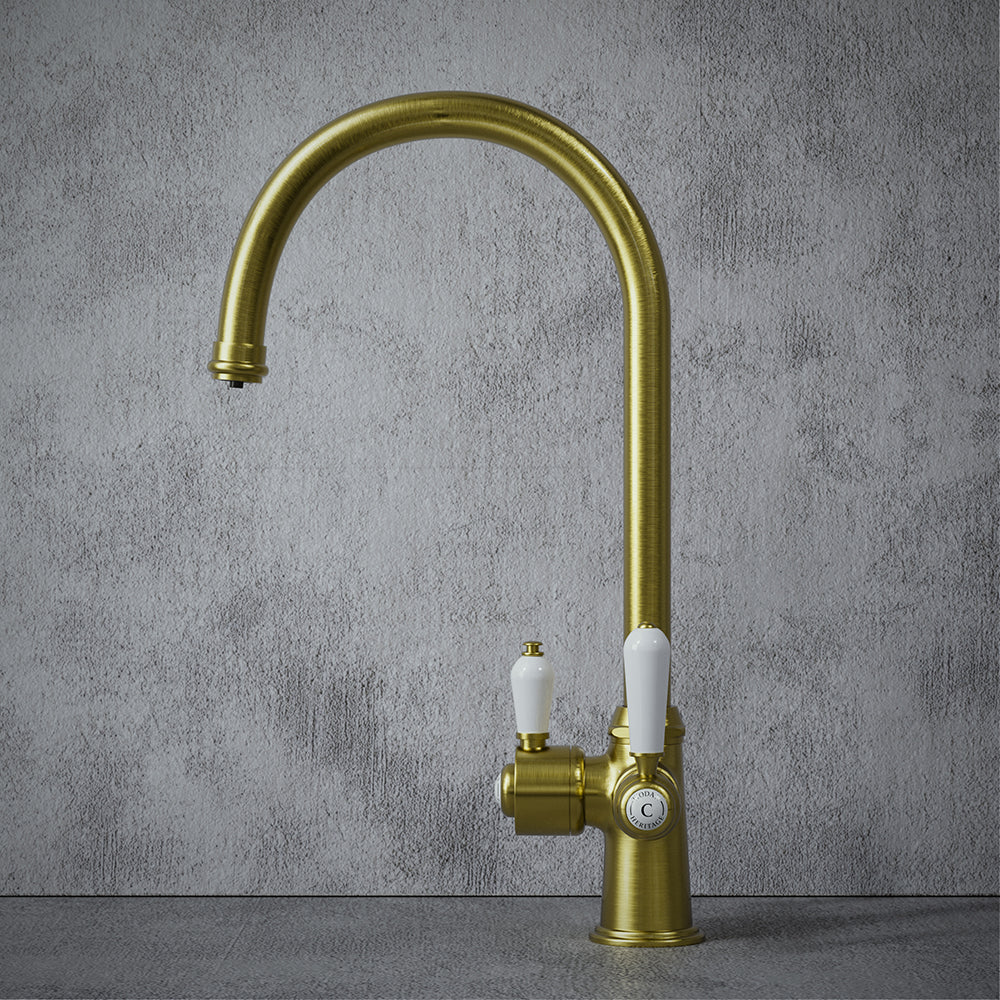 Heritage Cruciform 3 in 1 Brushed Brass White Handle Boiling Hot Water Tap