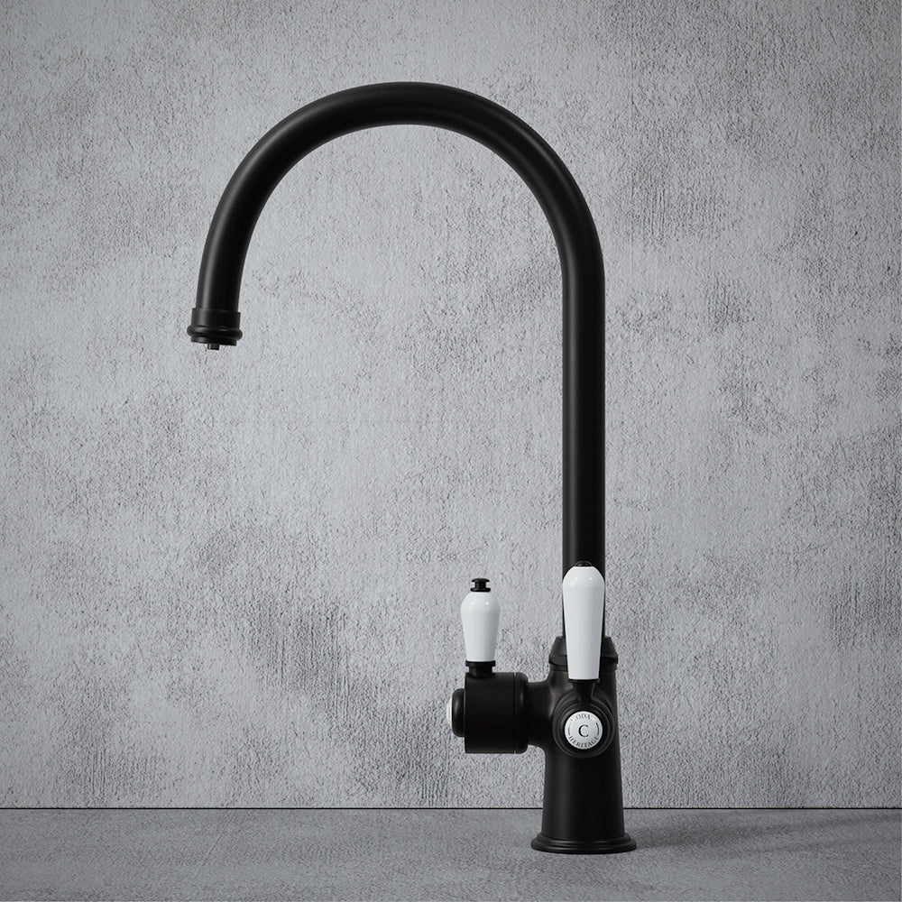 Heritage Cruciform 3 in 1 Matt Black White Handle Boiling Hot Water Tap