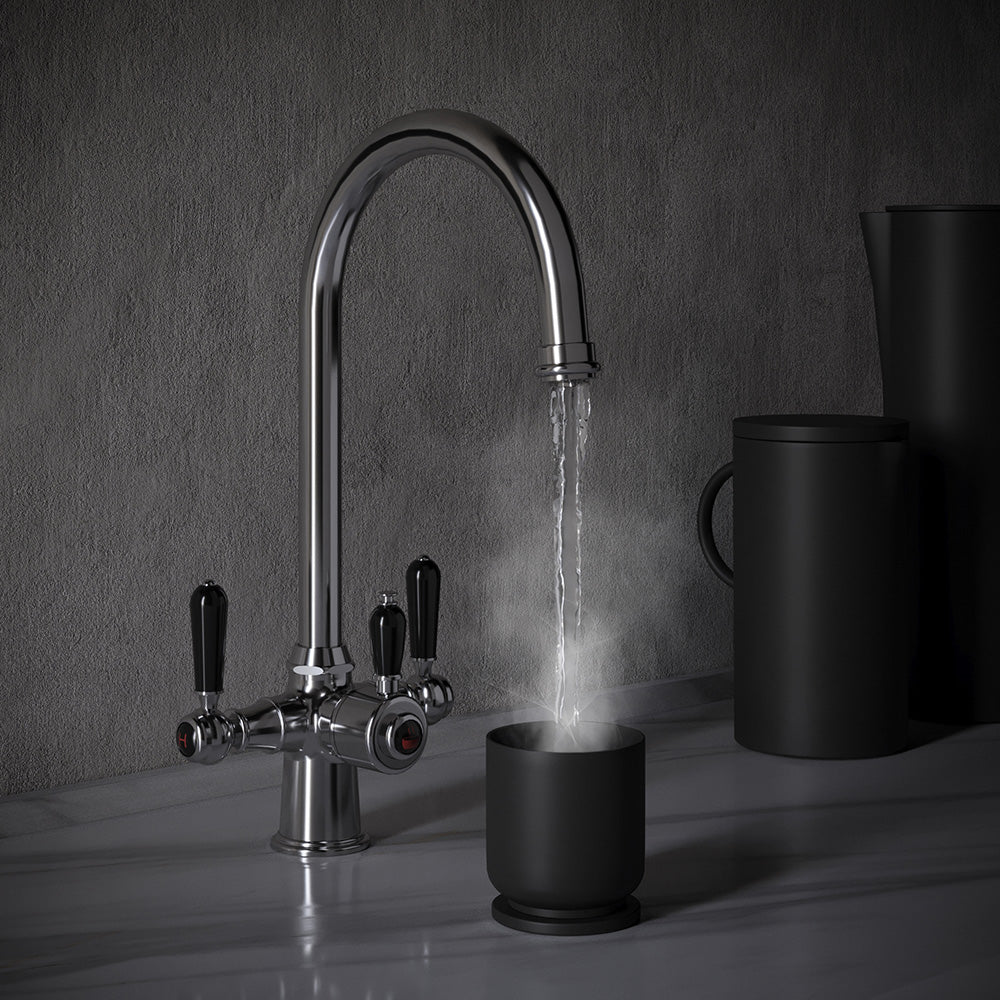 Heritage Cruciform 3 in 1 Chrome Black Handle Boiling Hot Water Tap