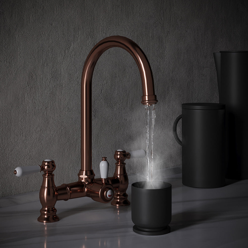 Heritage Bridge 3 in 1 Brushed Copper White Handle Boiling Hot Water Tap